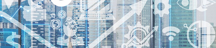 digital image with technology symbols with building in background