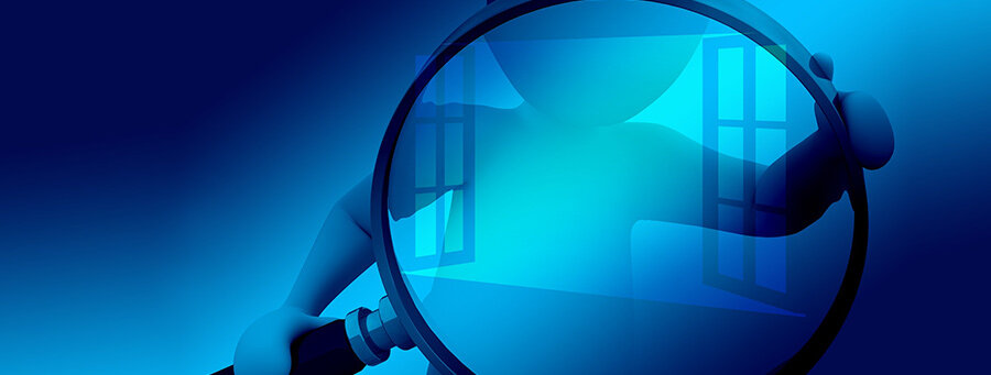 blue drawing of a faceless, fake person holding a magnifying glass