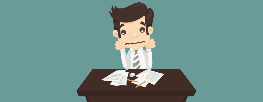 cartoon character man sitting at a desk with papers looking frustrated