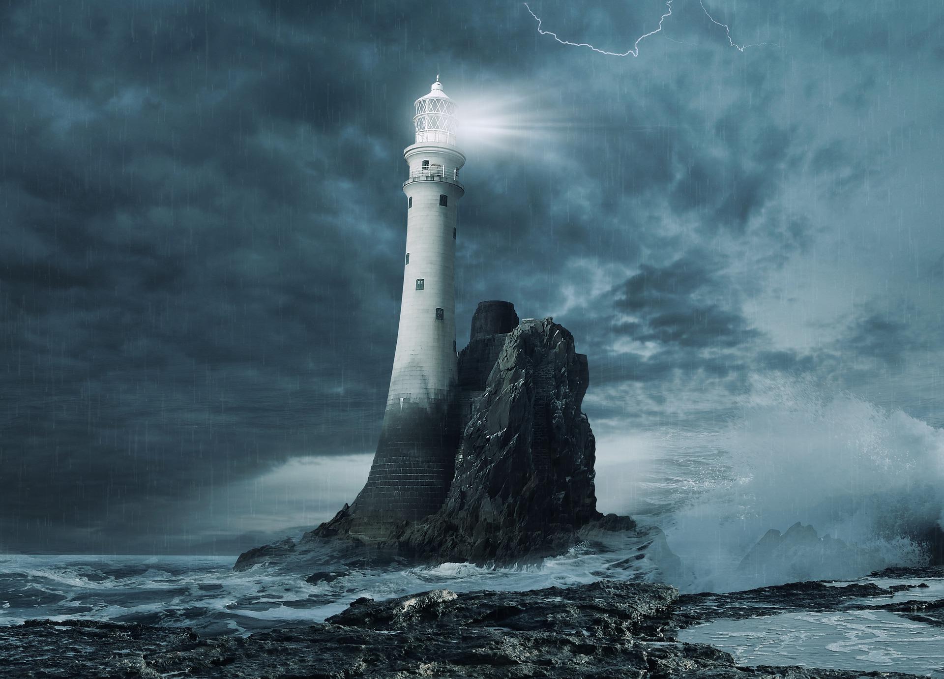Lighthouse with treacherous seas crashing on it