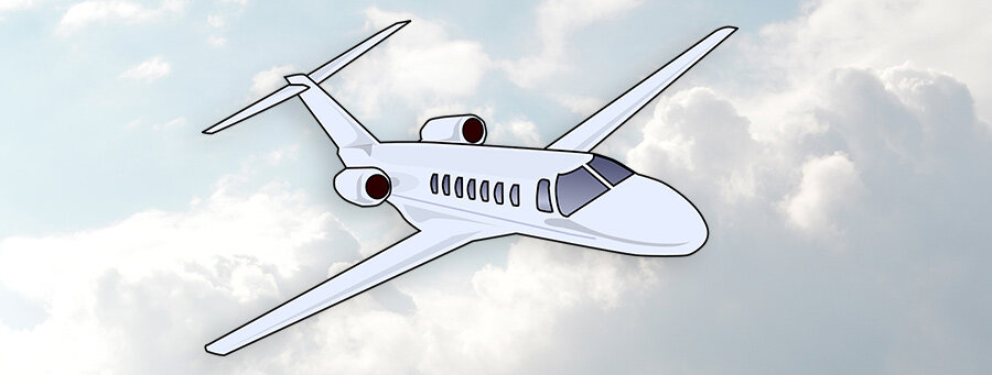 digital drawing of an airplane flying through clouds