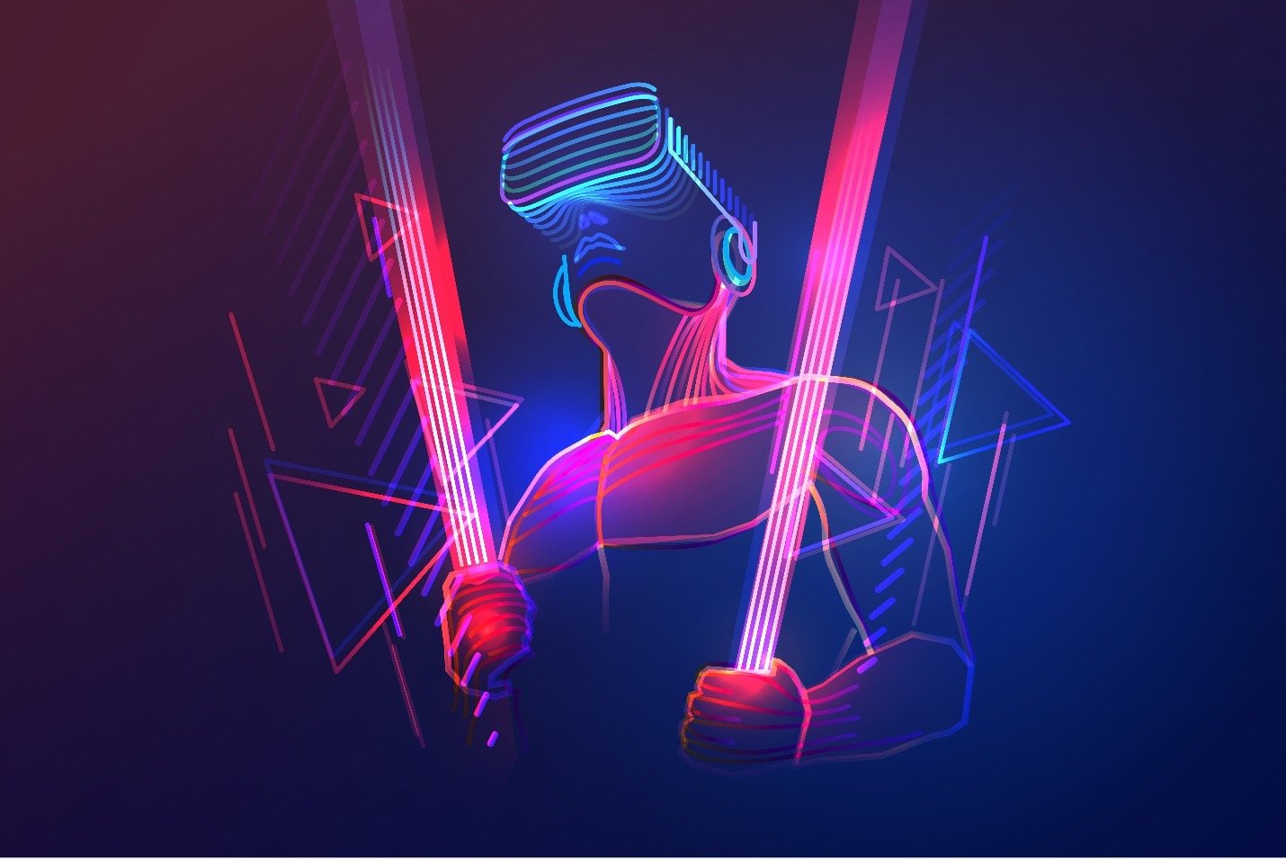 Man wearing vr headset and using light saber in abstract digital world with neon lines